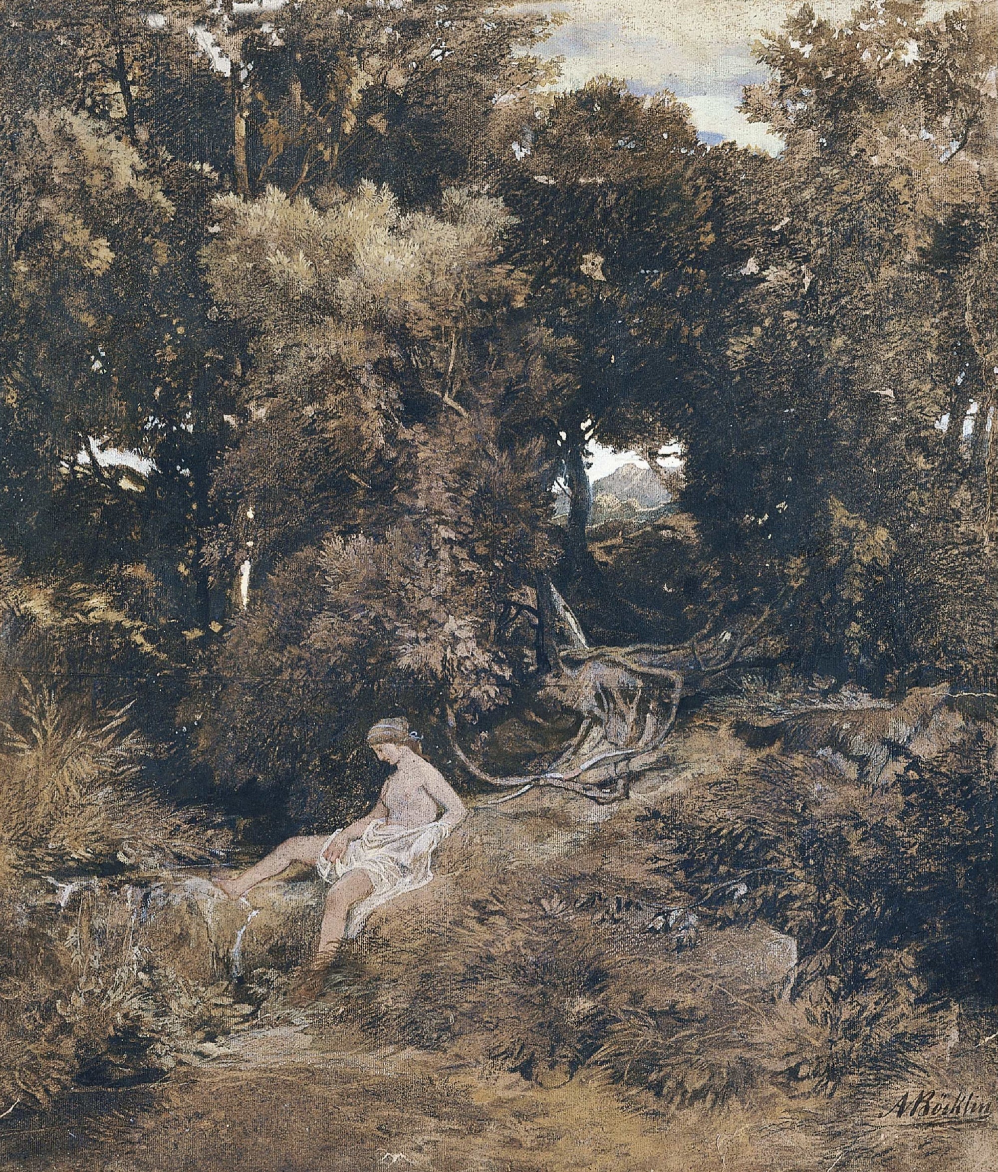 Une nymphe à la fontaine (Pan, À la poursuite d'une nymphe) - Arnold Böcklin