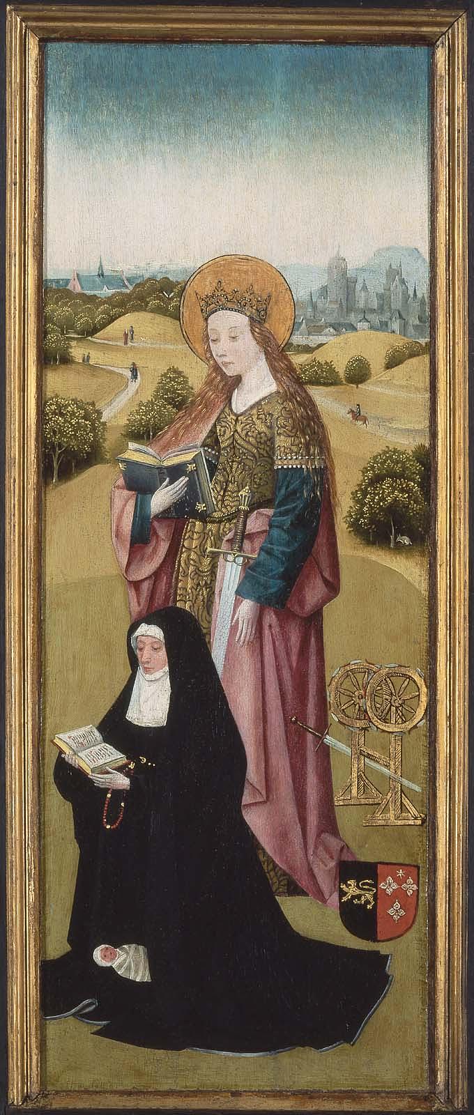 Heilwich van der Rullen e suas Filhas com Santa Maria Madalena (face externa); Hendrixke van Langhel e seu Filho morto com Santa Catarina (face interna) - Hieronymus Bosch