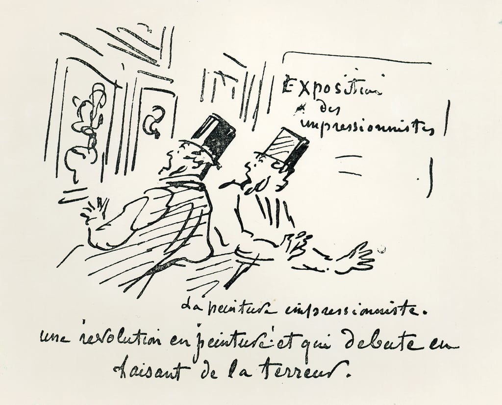 Caricature par Cham de la première exposition impressionniste à Paris en 1874, à laquelle Pierre-Auguste Renoir a participé