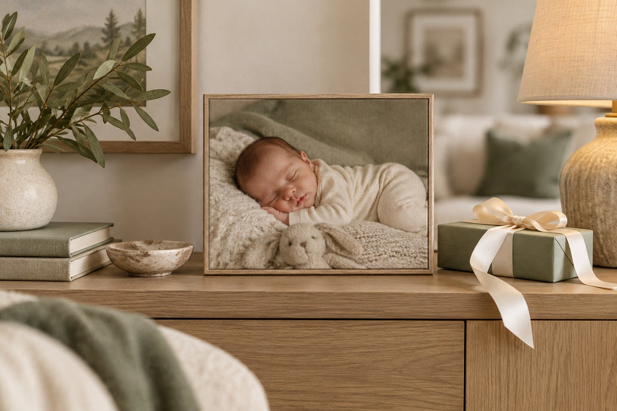 Illustration IA : cadeau photo sur toile avec bébé fictif