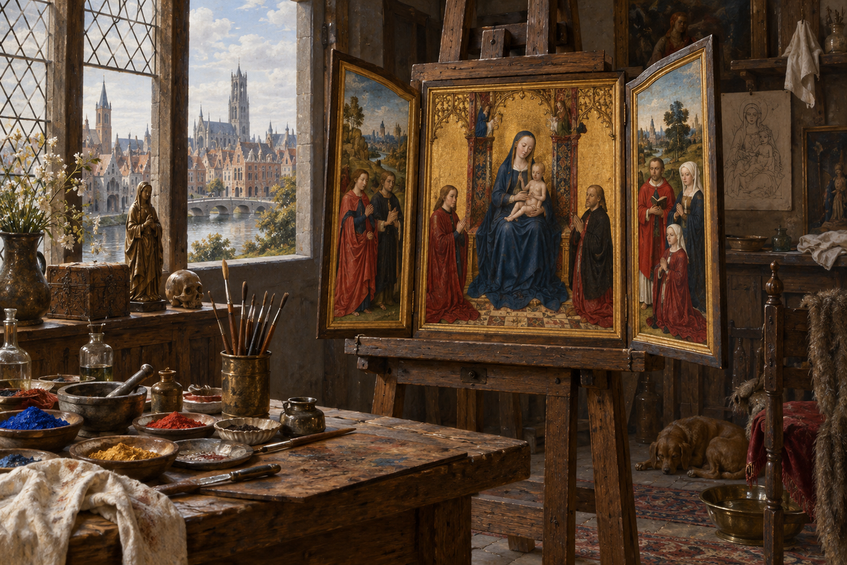 Illustration d’un atelier flamand du XVe siècle, créée par IA pour le guide Rogier van der Weyden