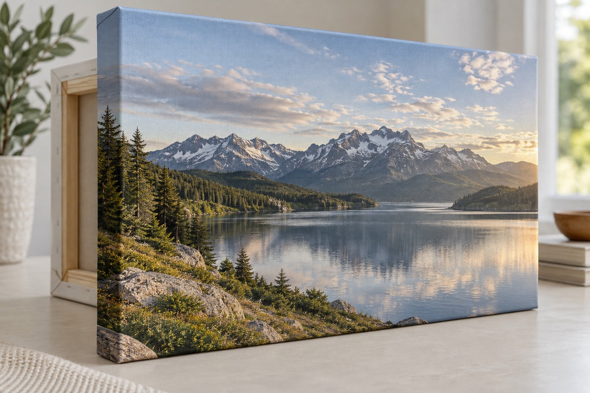 Illustration IA d’un paysage sur toile prolongé sur le chant d’un châssis
