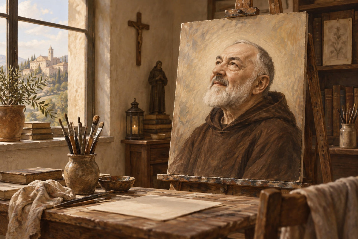 Illustration IA : portrait imaginaire de Padre Pio sur un chevalet