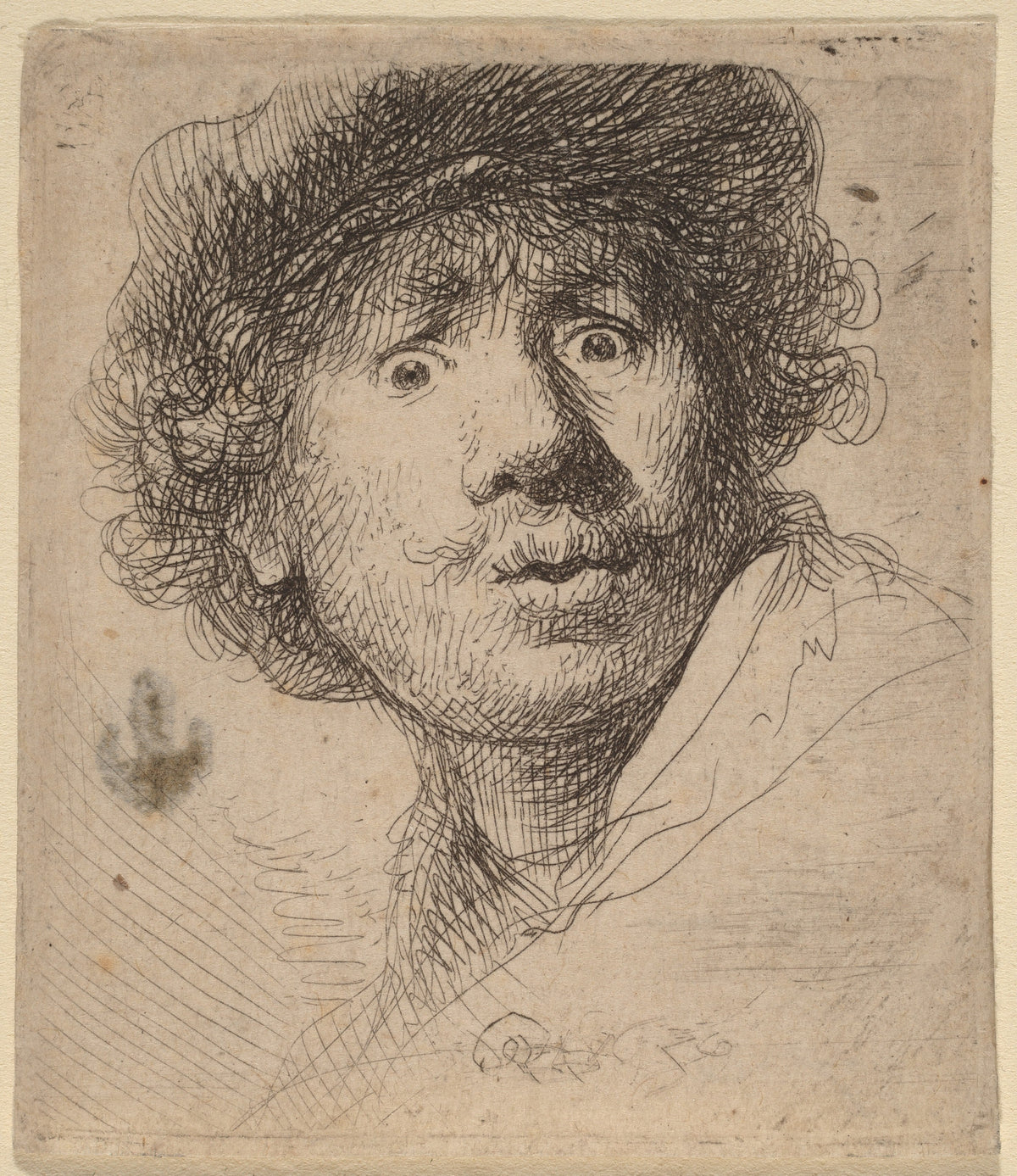 Rembrandt au bonnet, les yeux écarquillés et la bouche entrouverte, eau-forte de 1630