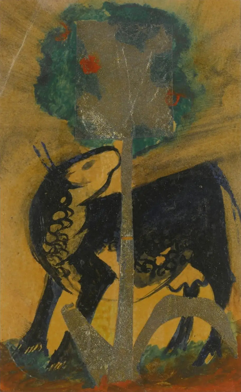 Vaca negra atrás de uma árvore - Franz Marc