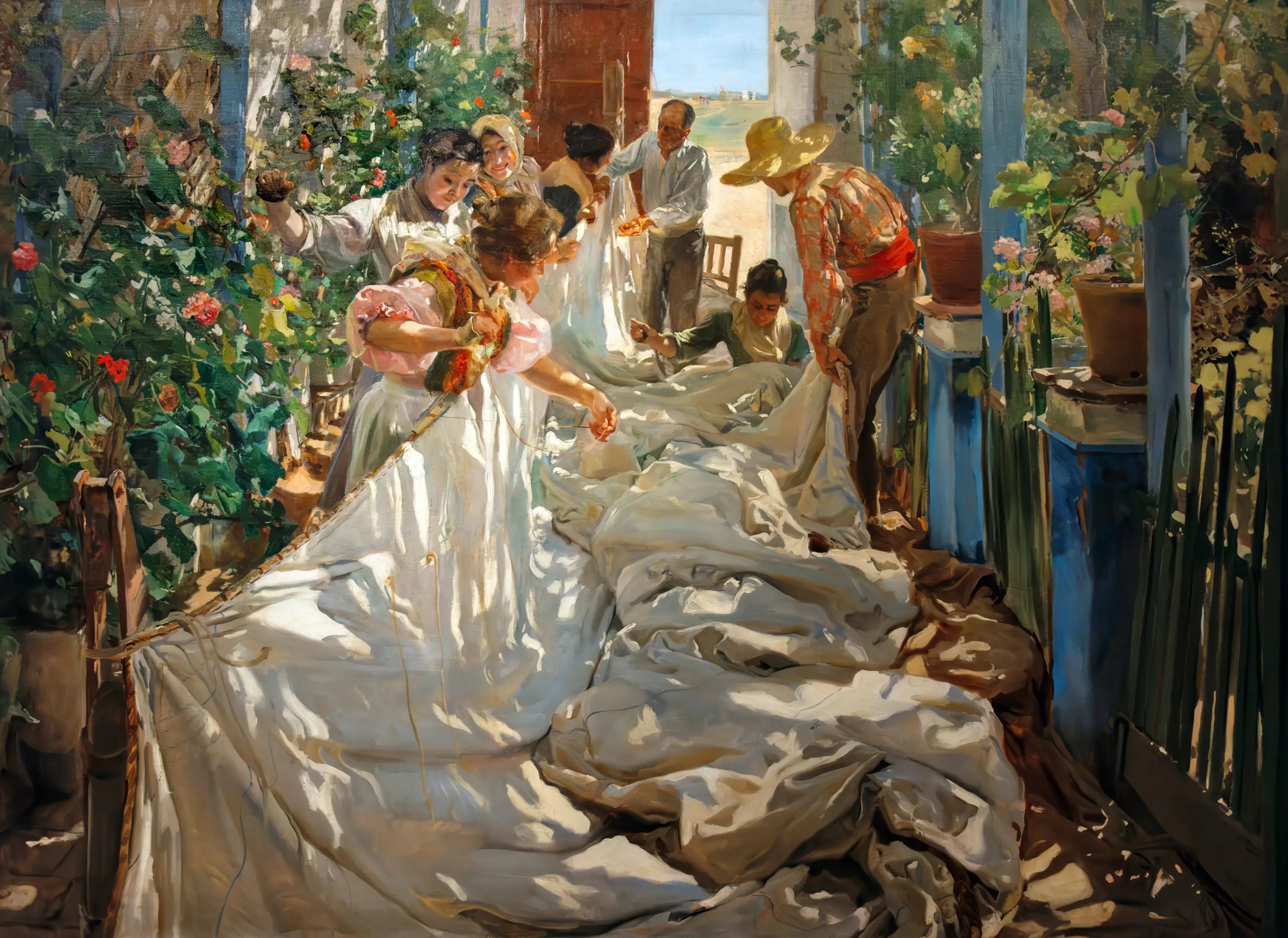 Reproduction du tableau « La Couture de la voile - Joaquín Sorolla » par Alpha Reproduction en peinture à l’huile