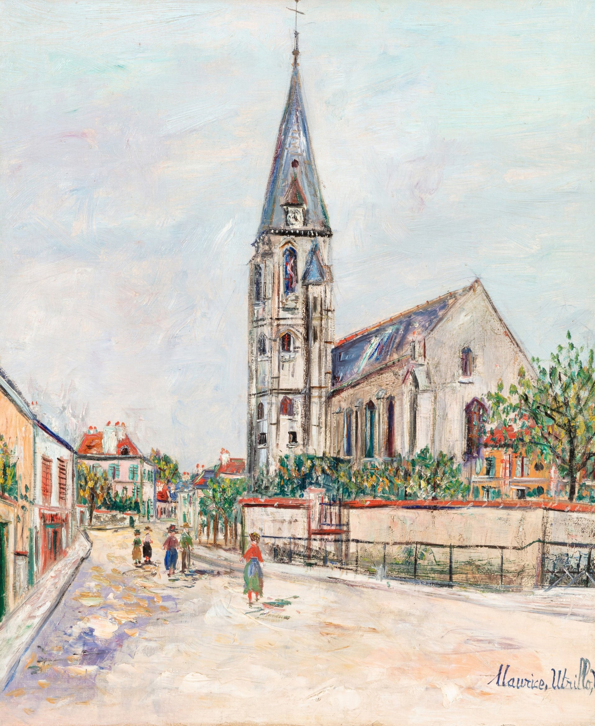 Place animée devant l'église - Maurice Utrillo