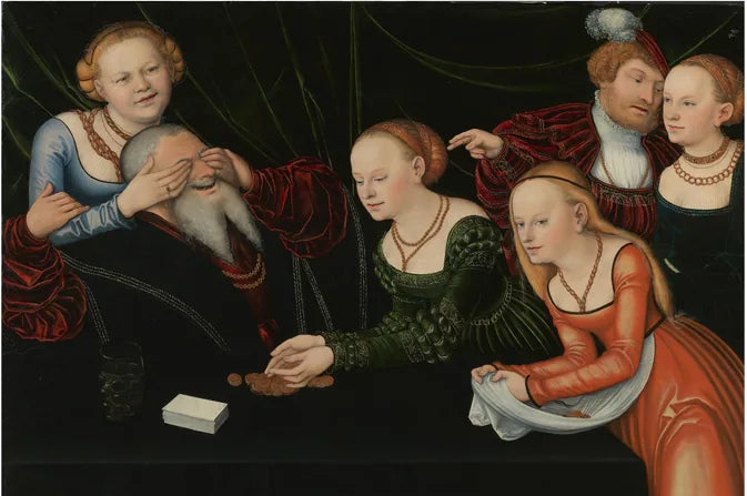 6 pessoas, meninas brincando com um idoso - Lucas Cranach the Elder