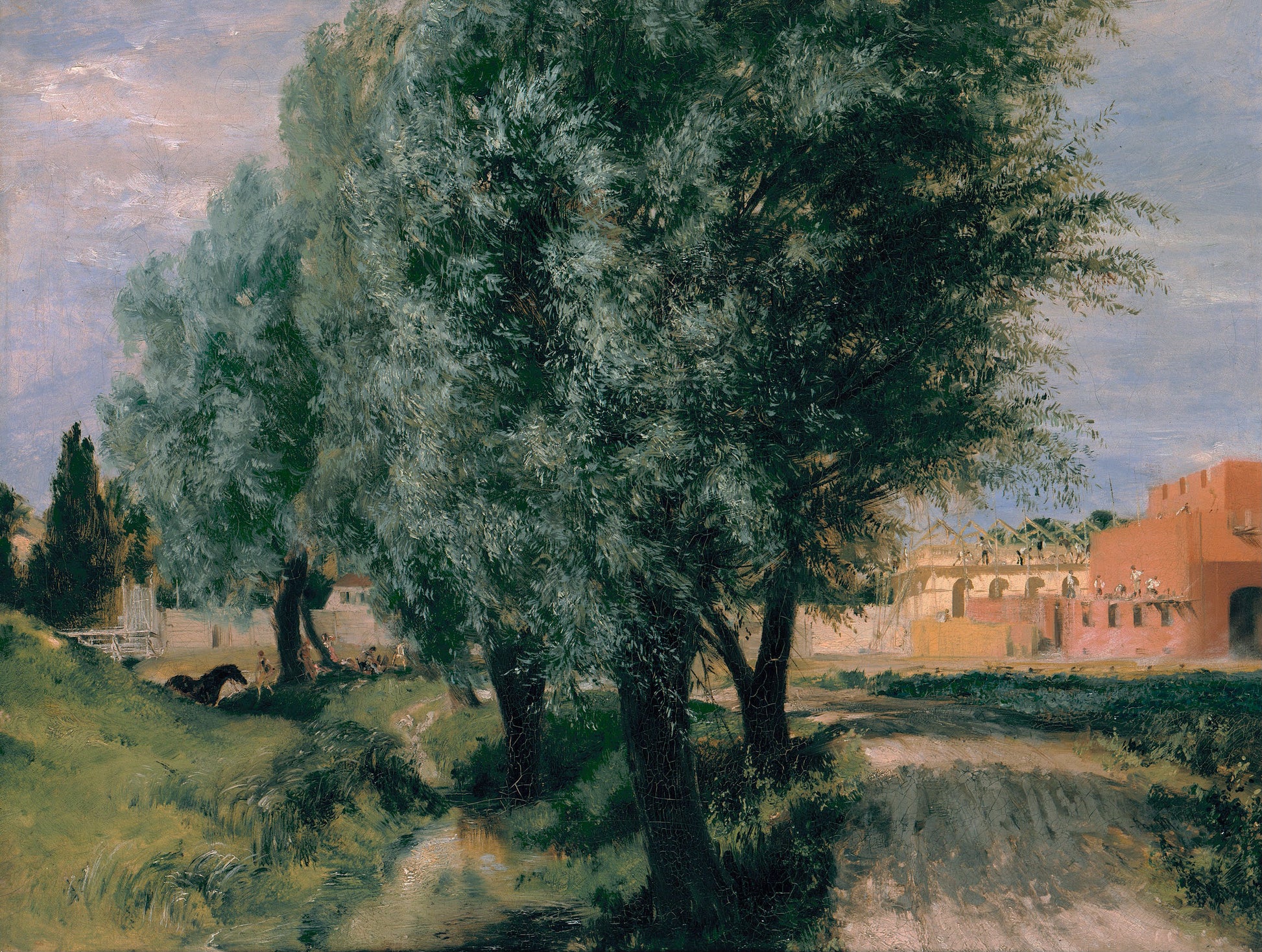 Chantier de construction avec saules - Adolph von Menzel
