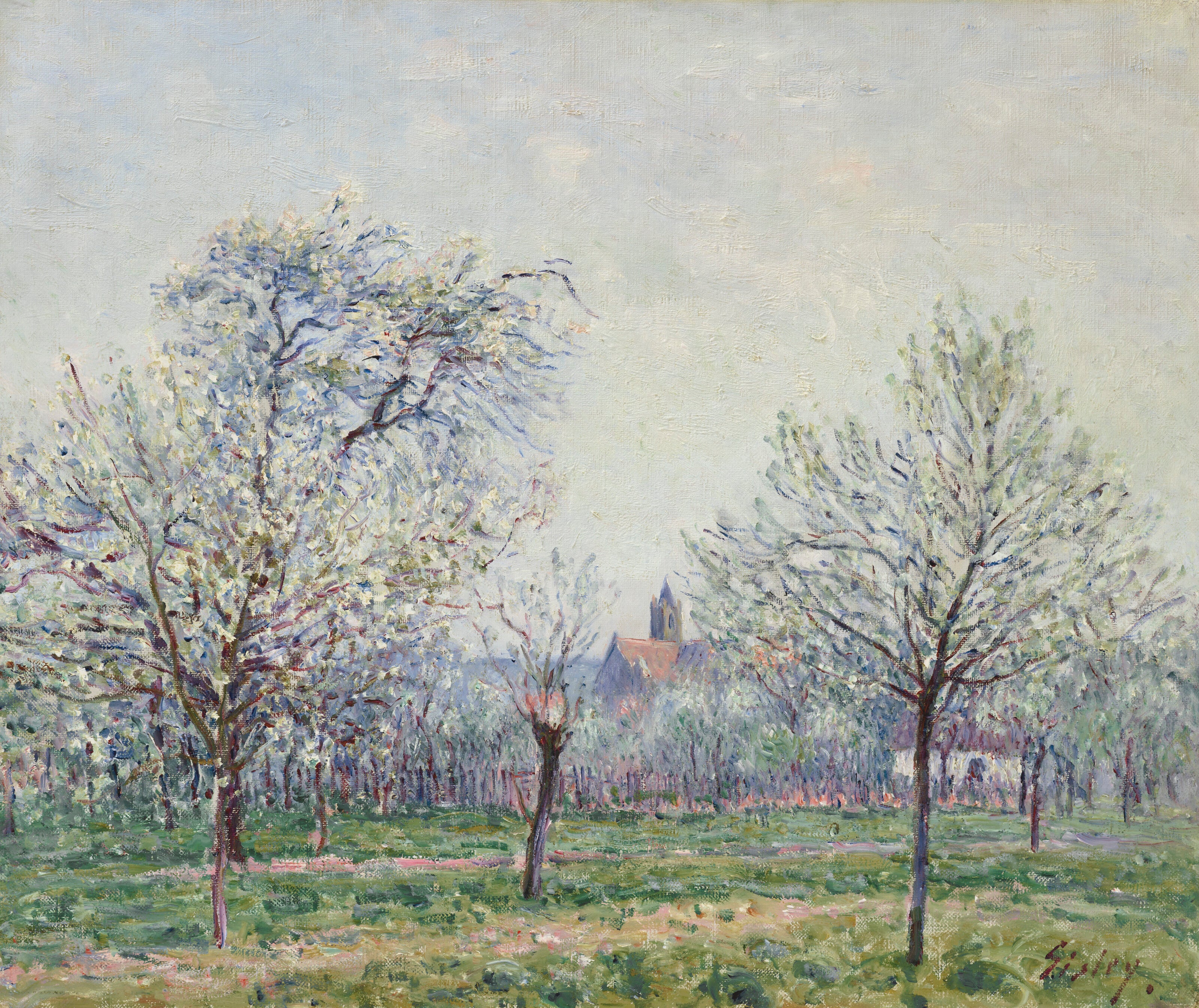 Reproduction du tableau « Le verger à Moret-sur-Loing, printemps - Alfred Sisley » par Alpha Reproduction en peinture à l’huile