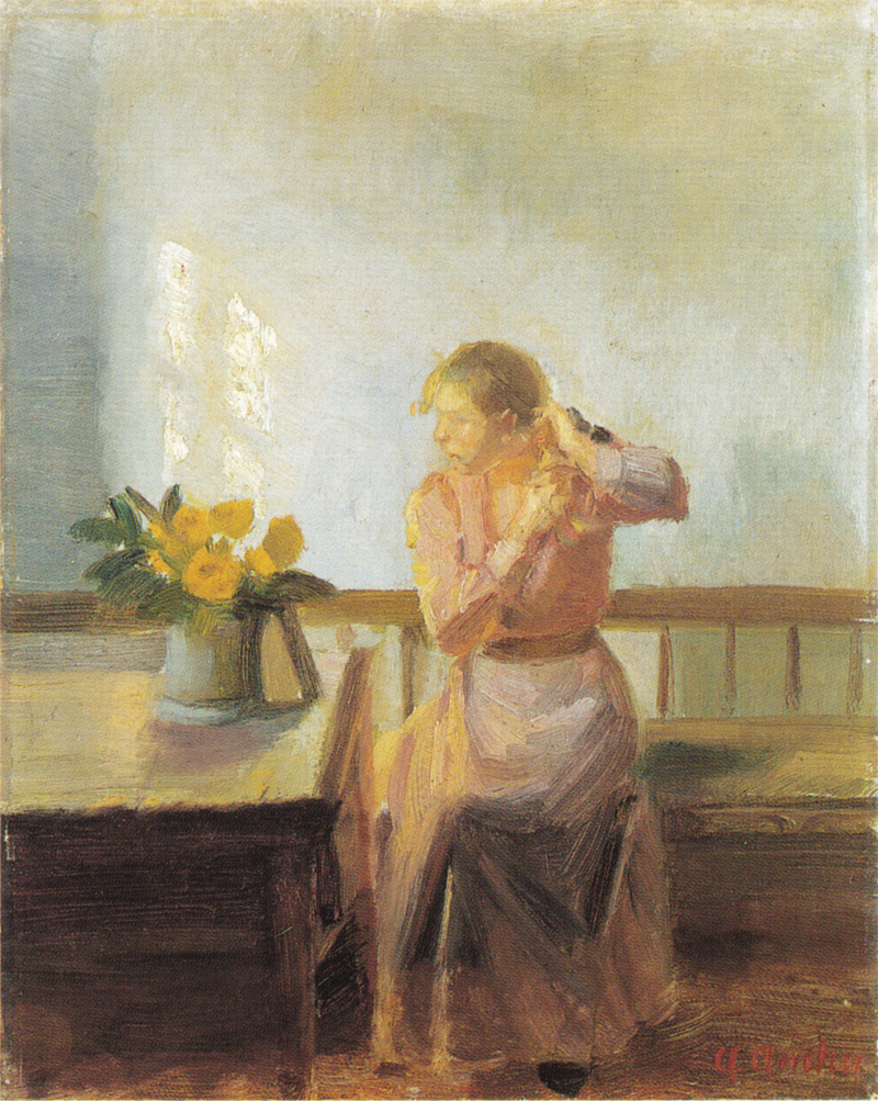 Mulher sentada, trançando seus cabelos - Anna Ancher