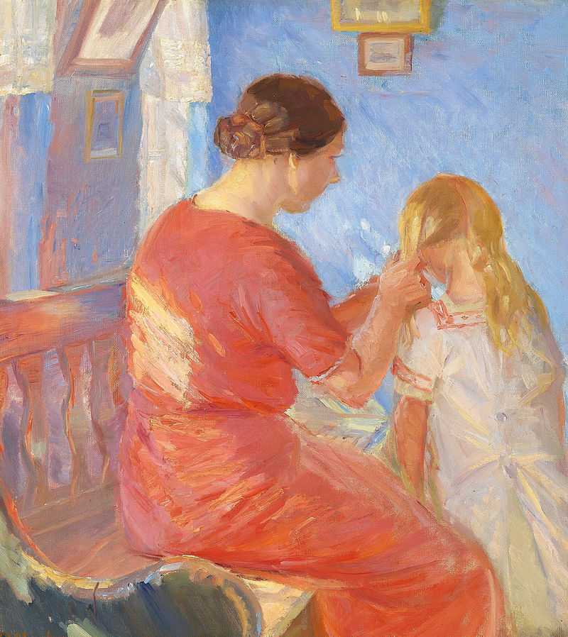 Uma mãe trançando os cabelos de seu filho. - Anna Ancher
