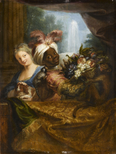 Jeune noir tenant une corbeille de fruits et jeune fille caressant un chien - Antoine Coypel