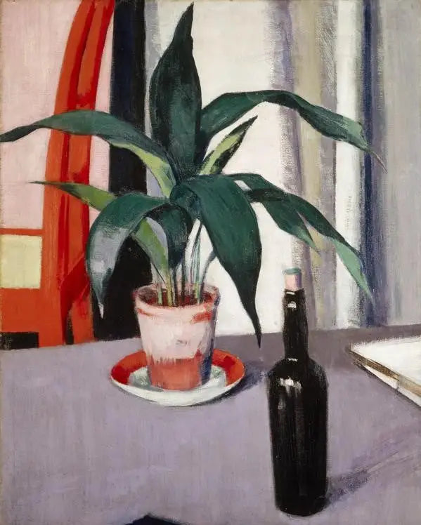 Aspidistra e garrafa na mesa - Francis Cadell