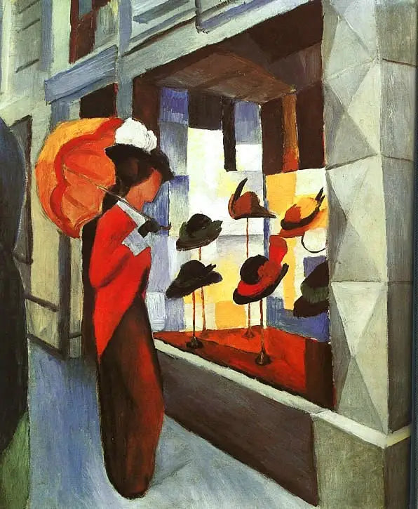 Modo: Mulher com sombrinha em frente à loja do modista - August Macke