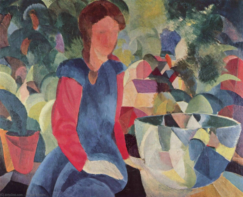 Menina com peixes em um recipiente de vidro - August Macke