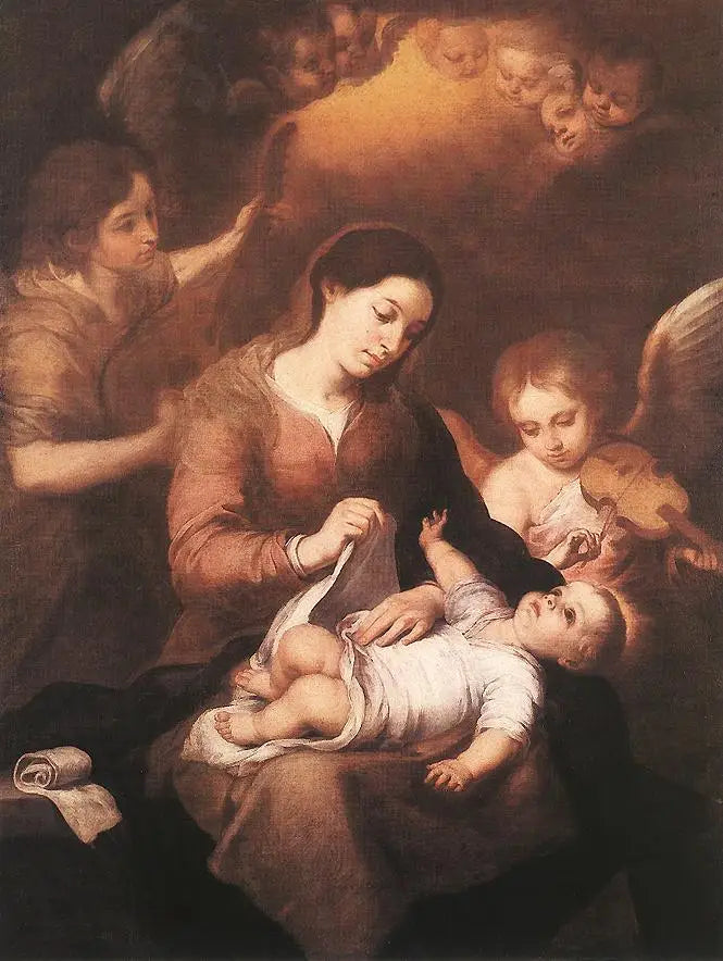 Maria e o Menino com anjos tocando música - Bartolomé Esteban Murillo