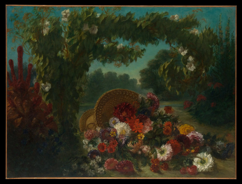Cesta de flores derrubadas em um jardim - Eugène Delacroix