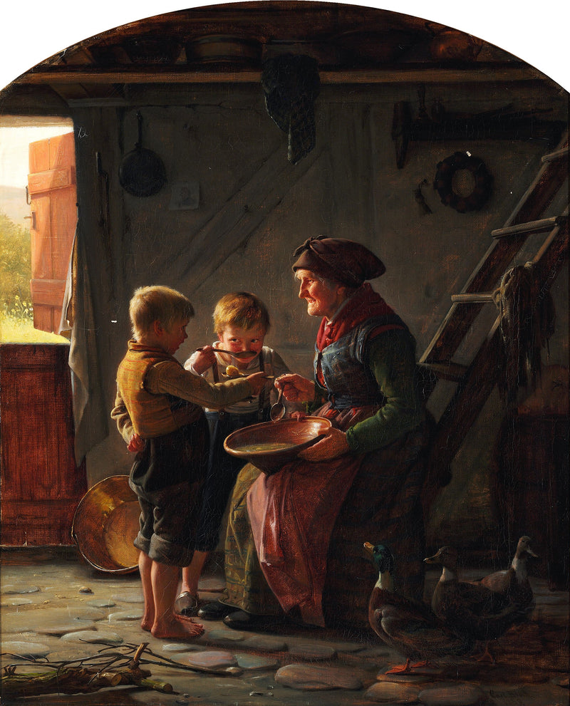 Uma refeição. Dois meninos e uma avó experimentam a sopa de batata. - Carl Heinrich Bloch