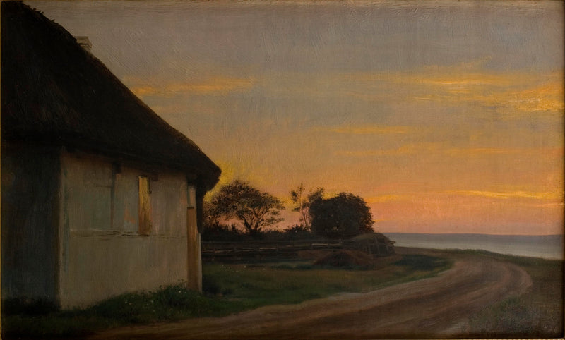 Paisagem noturna com uma casa e um jardim à beira-mar. Ellekilde - Carl Heinrich Bloch