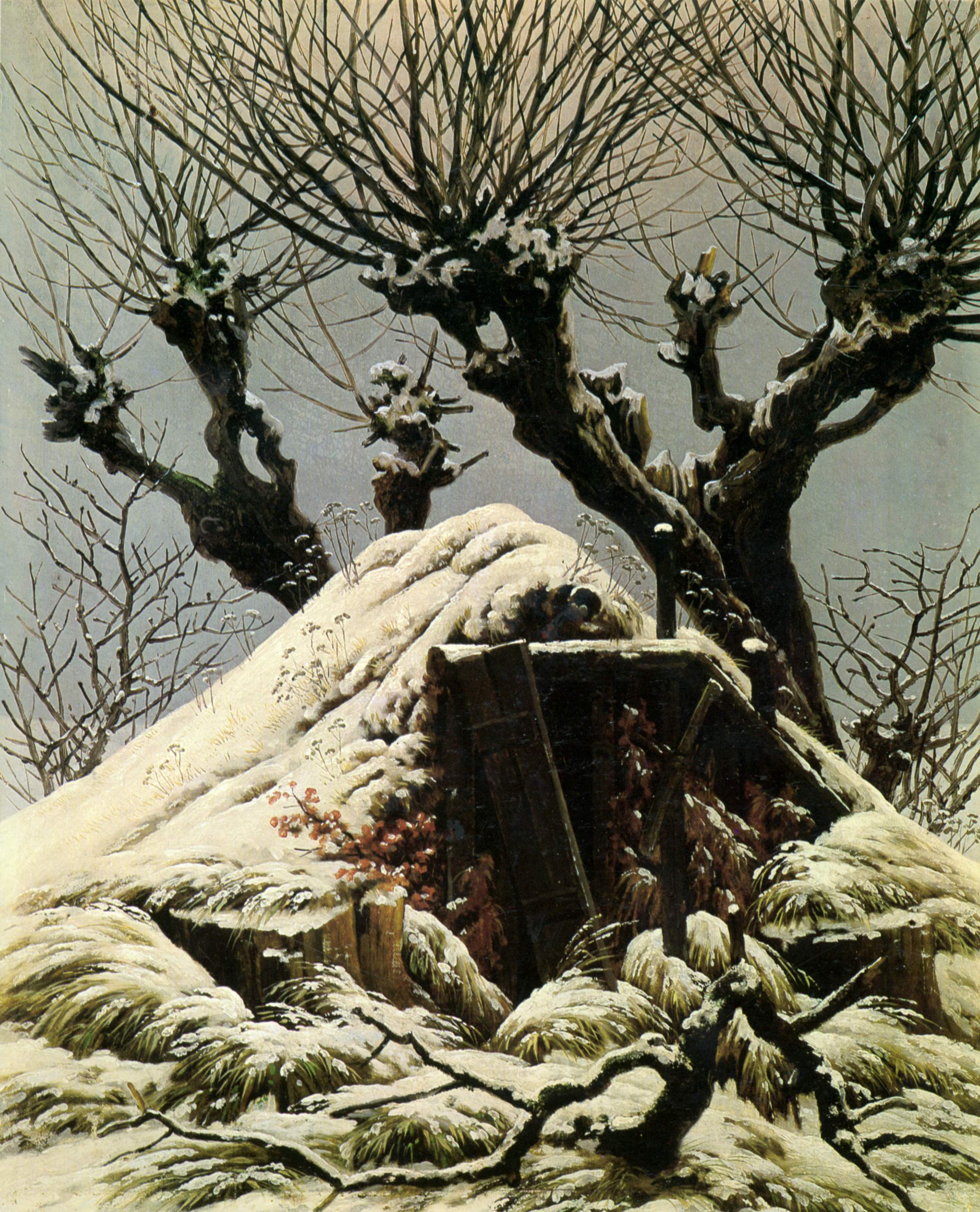 Reproduction du tableau « Cabane sous la neige - Caspar David Friedrich » par Alpha Reproduction en peinture à l’huile