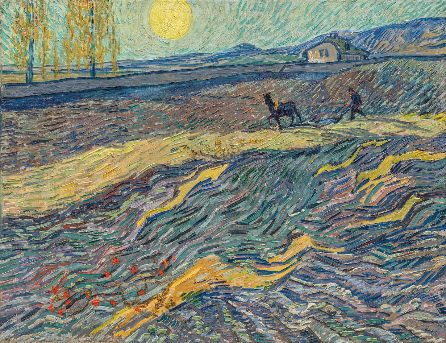 🌾 Campo com camponês arando e moinho – Vincent van Gogh (1889)