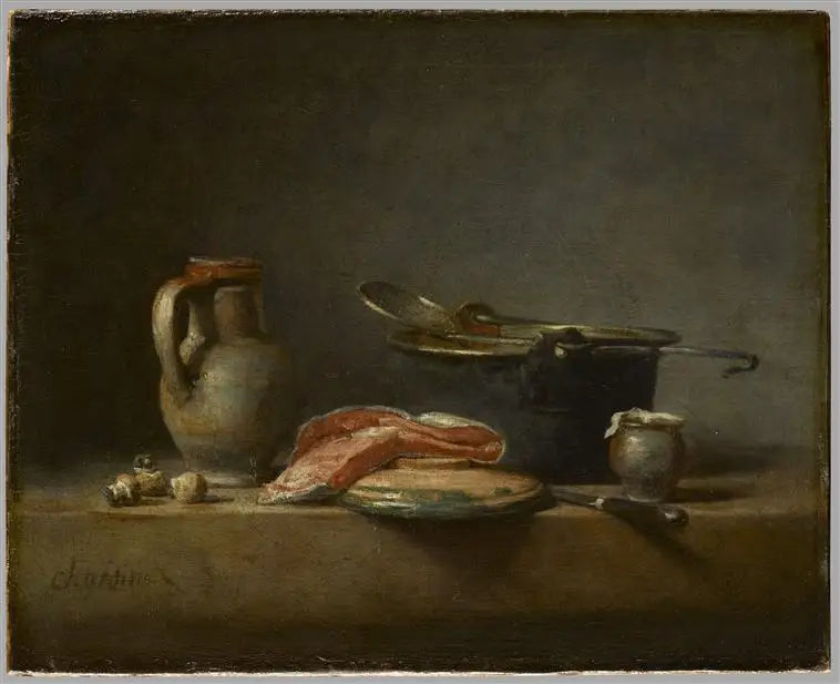 Panela de cobre, escumadeira, jarra e fatia de salmão - Jean Simeón Chardin