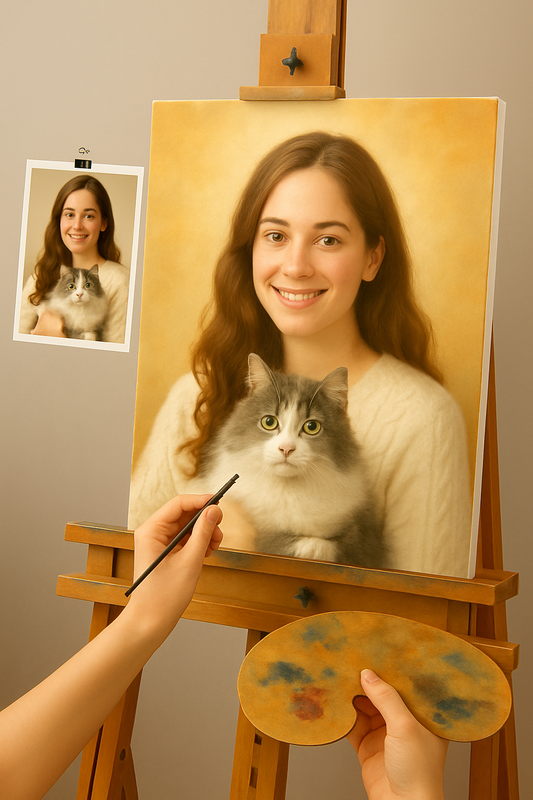 🎨 Quadro Animal e Pessoa Retrato Personalizável – Pintura a Óleo Única