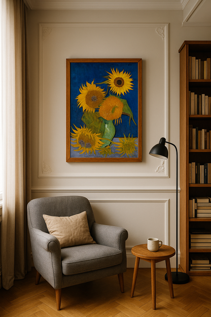 🌻 Girassóis (fundo azul royal) – Vincent van Gogh (1888)