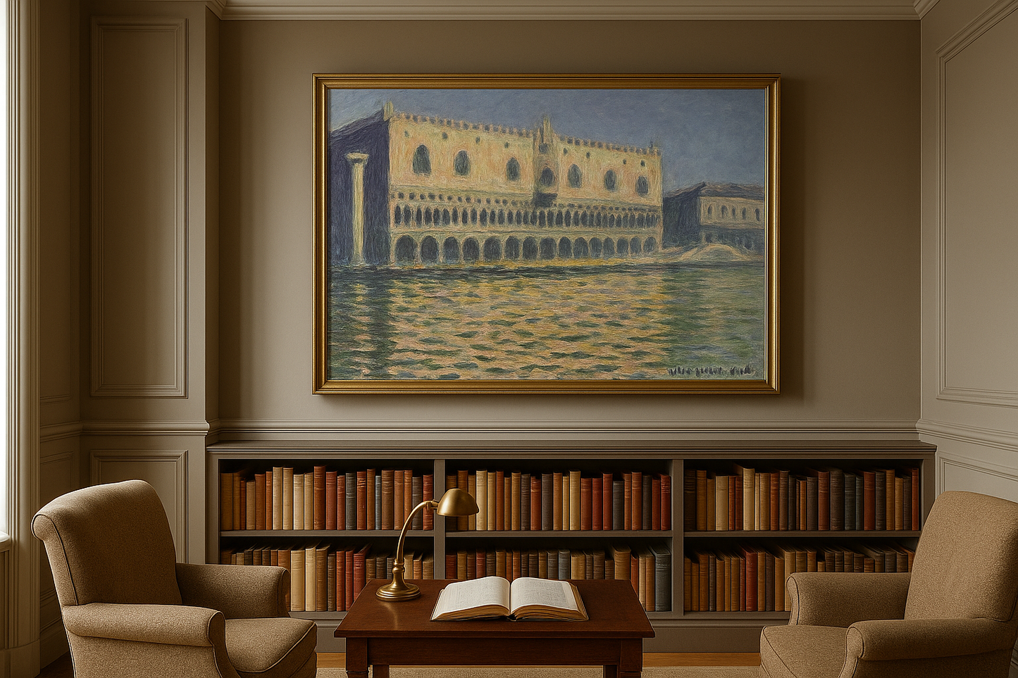🌅 O Palácio Ducal Claude Monet (1908) – Versão luminosa com reflexos dourados