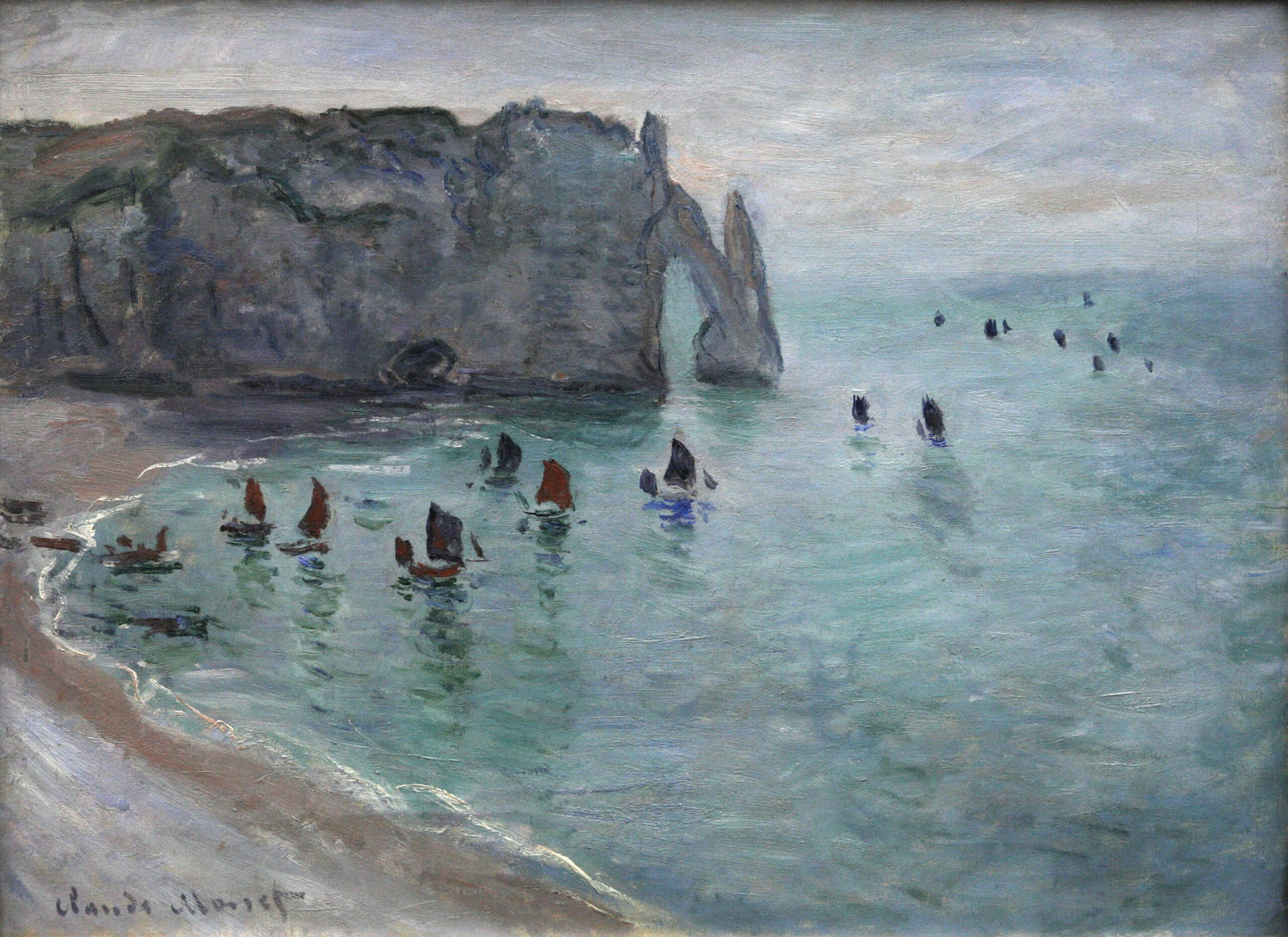 🖼️ Étretat, a Porta d’Aval – Barcos de pesca saindo do porto – Claude Monet (cerca de 1885)