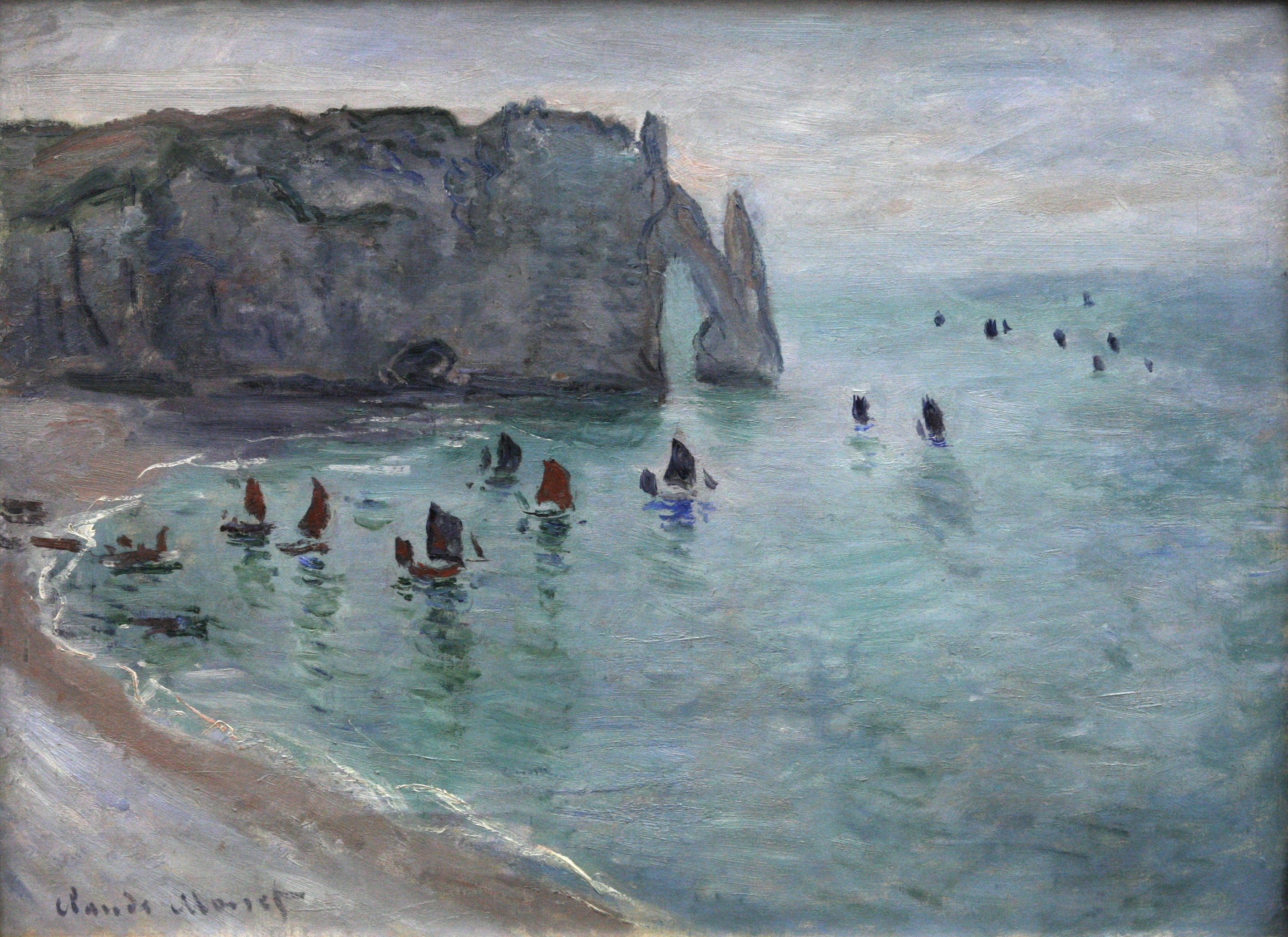Reproduction du tableau « Étretat, la porte d'Aval : bateaux de pêche sortant du port - Claude Monet » par Alpha Reproduction en peinture à l’huile