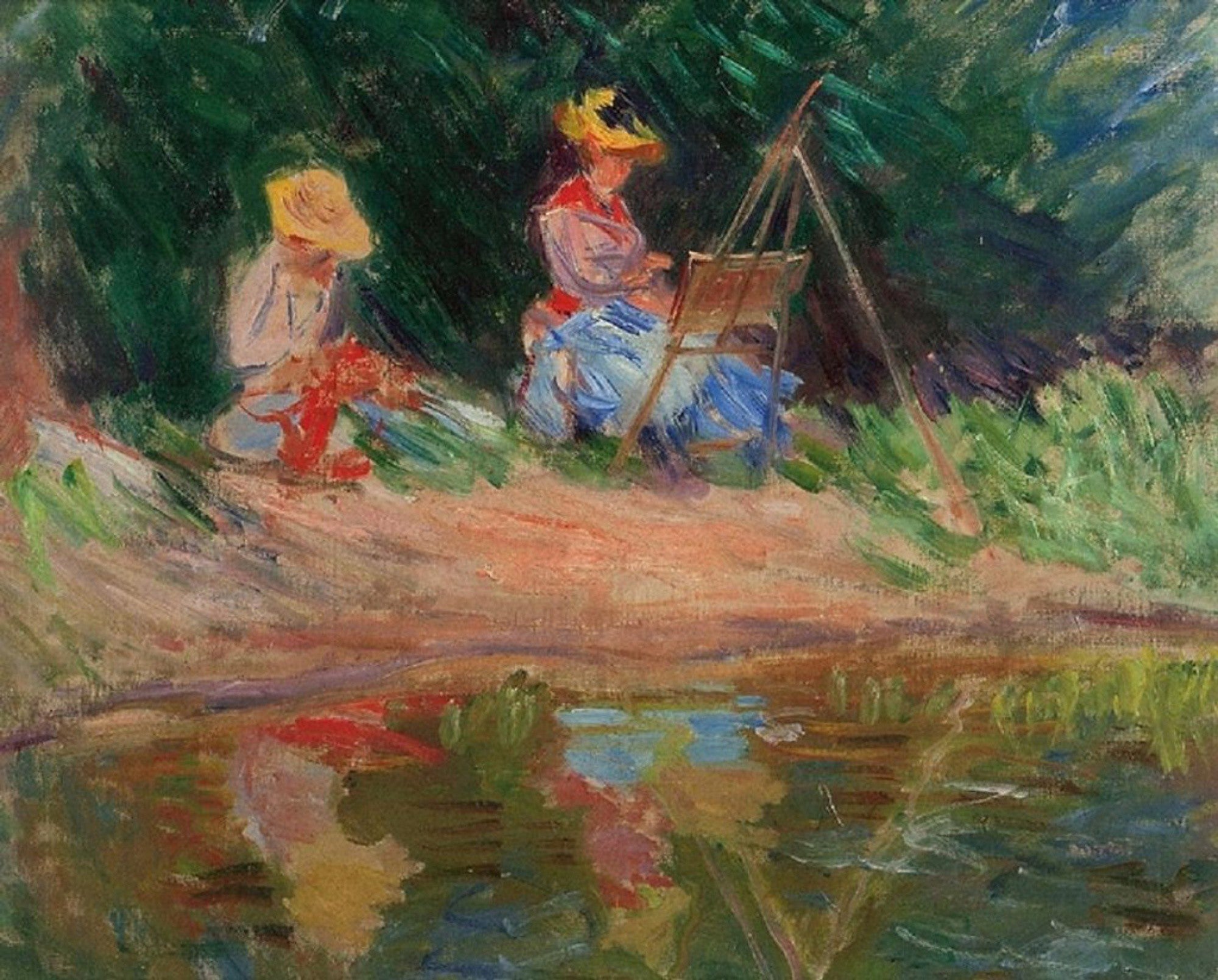 Reproduction du tableau « Blanche Monet peignant avec sa soeur Suzanne au bord de l'eau - Claude Monet » par Alpha Reproduction en peinture à l’huile