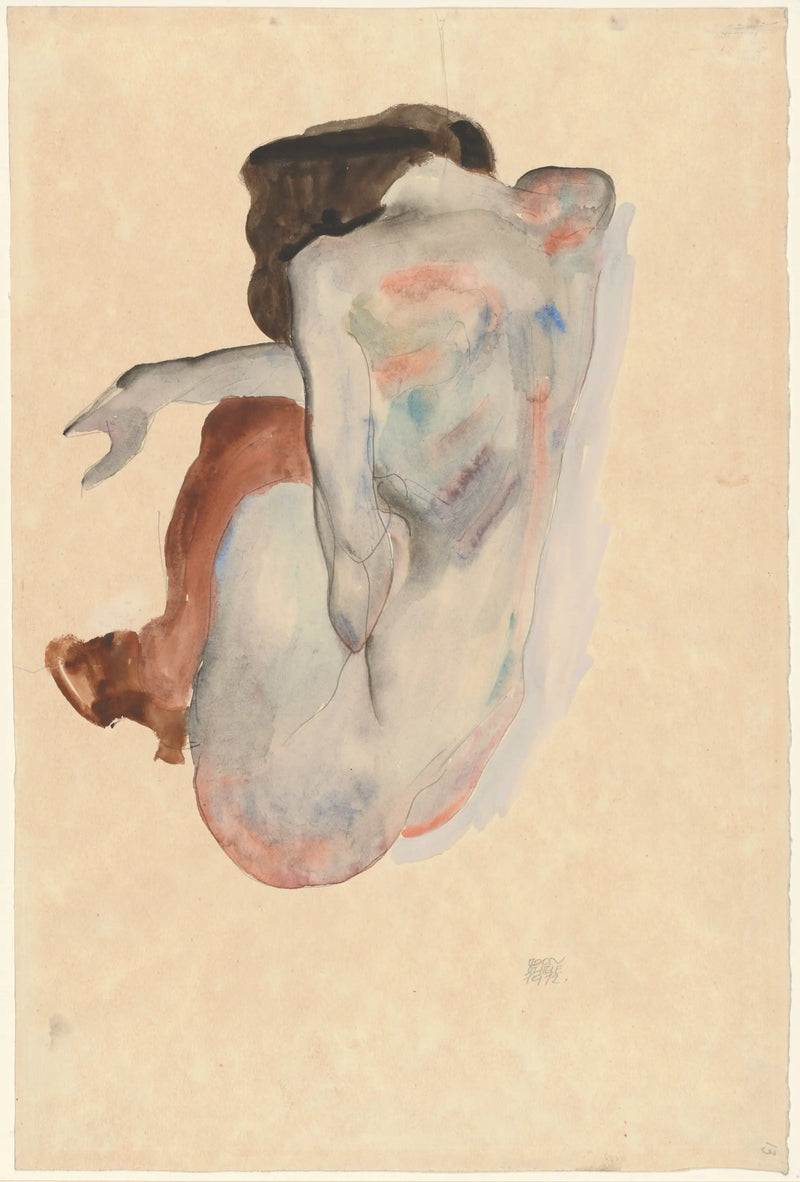 Nu agachado com sapatos e meias pretas, vista de costas - Egon Schiele
