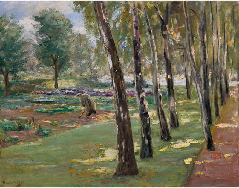 Um caminho de choupos no jardim de Wannsee, vista para um campo de repolhos - Max Liebermann