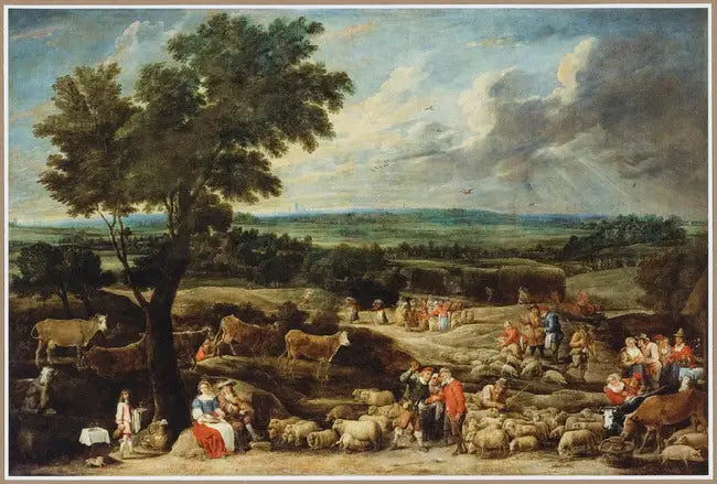 Um mercado de gado em uma vasta paisagem com Antuérpia ao longe - David Teniers, o Jovem