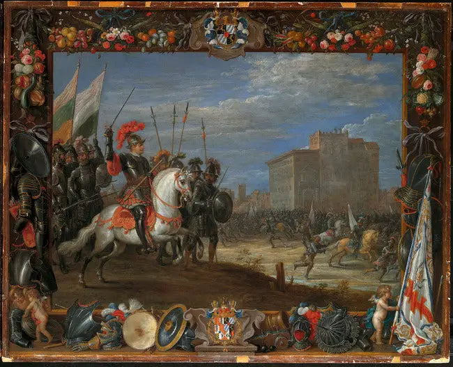 Don Antonio Moncada repela o ataque de Cabrera ao castelo onde reside a rainha Bianca - David Teniers o Jovem