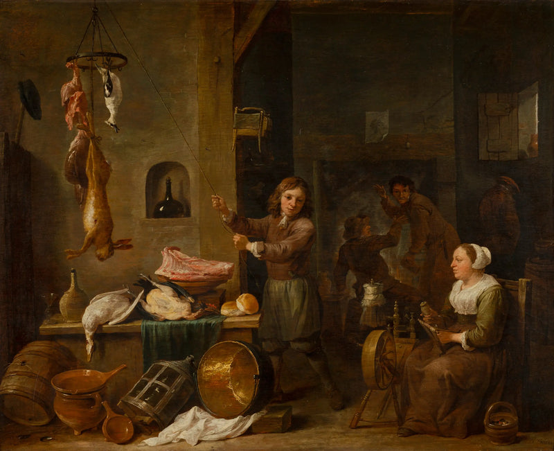 Interior de cozinha com um menino e uma mulher com uma mesa de jogo - David Teniers o Jovem