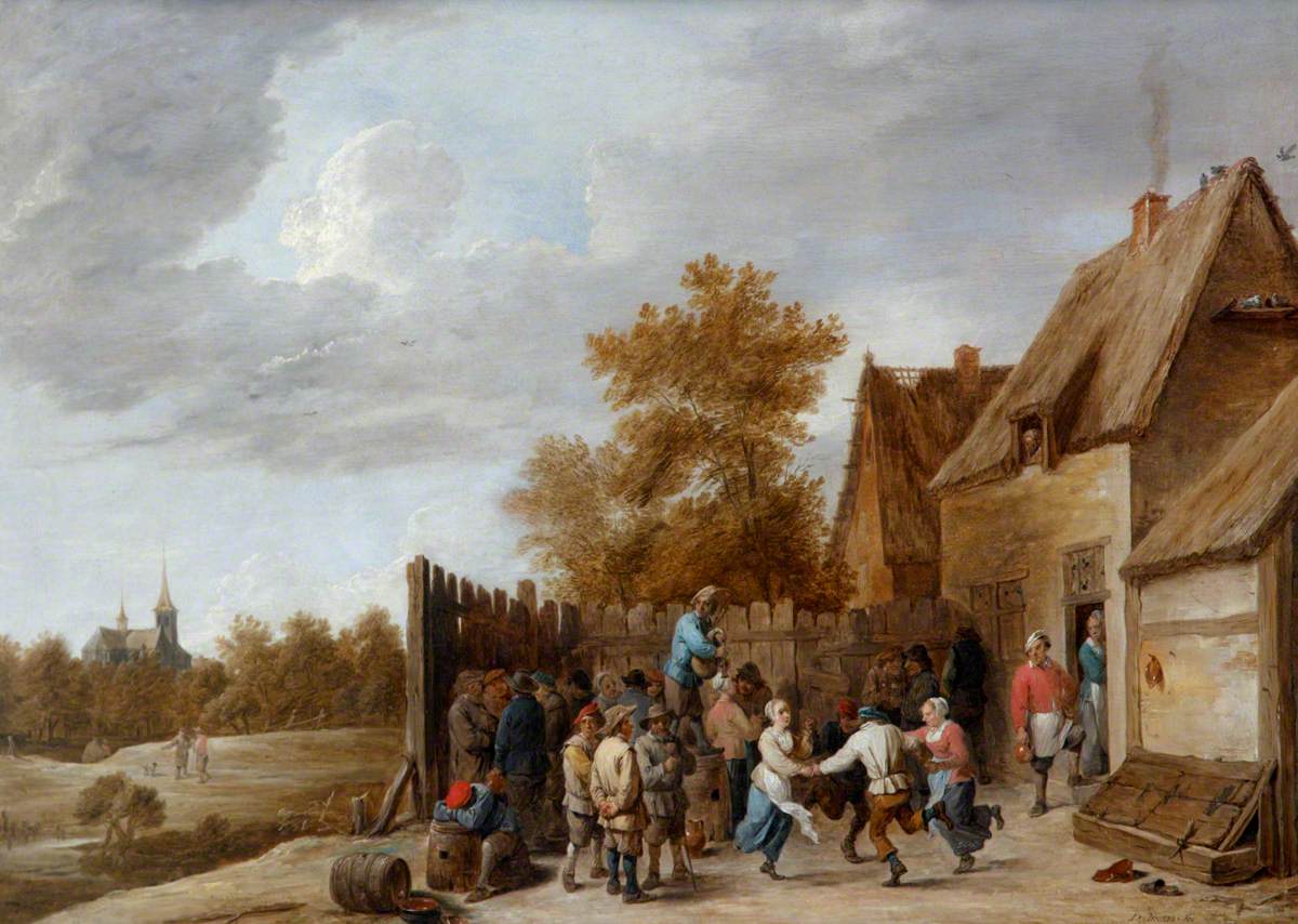 Des paysans dansent devant une taverne, avec une église de village au loin - David Teniers le Jeune