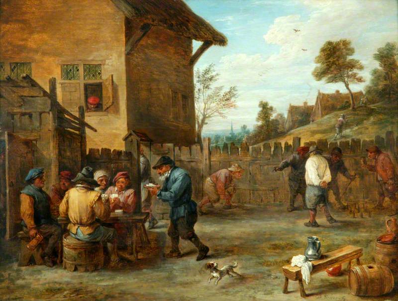 Paysans jouant aux cartes et aux quilles dans une cour - David Teniers le Jeune