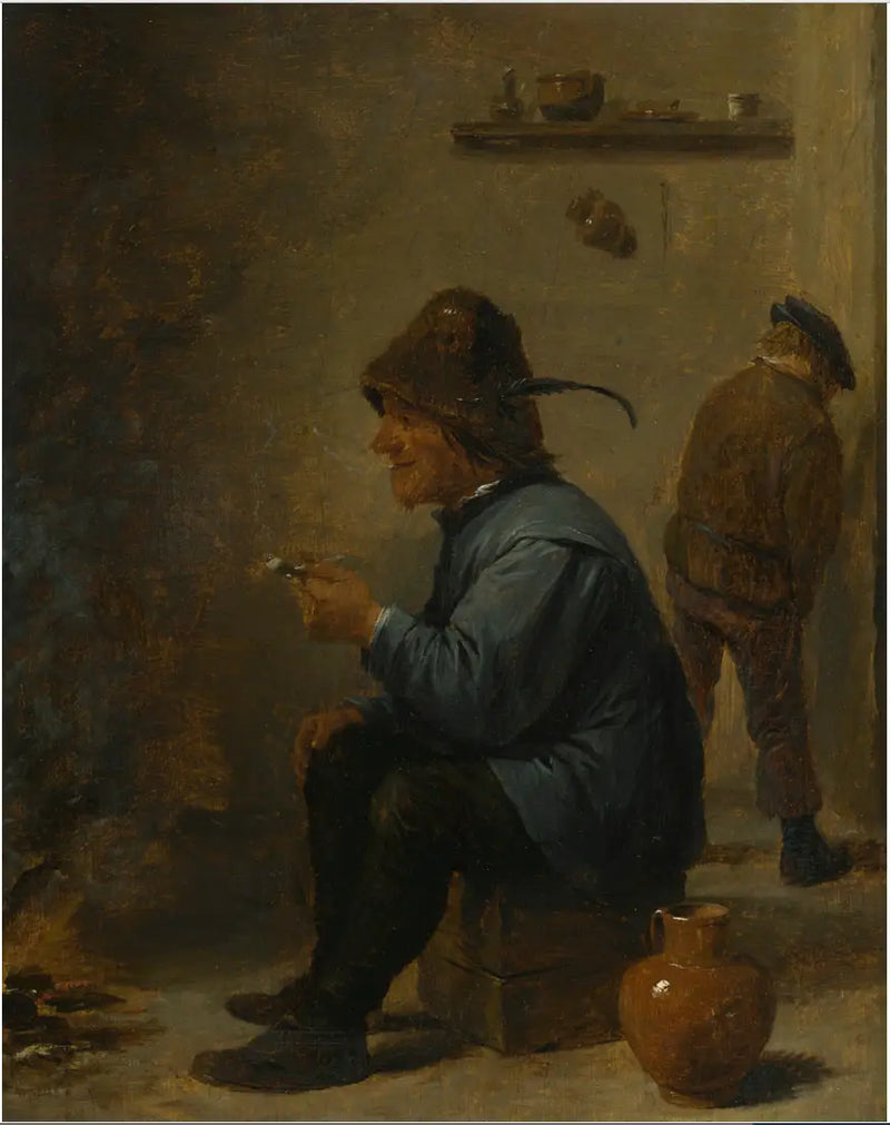 Um homem segurando um cachimbo sentado diante de uma fogueira em uma taverna, um homem urinando em um canto - David Teniers Júnior
