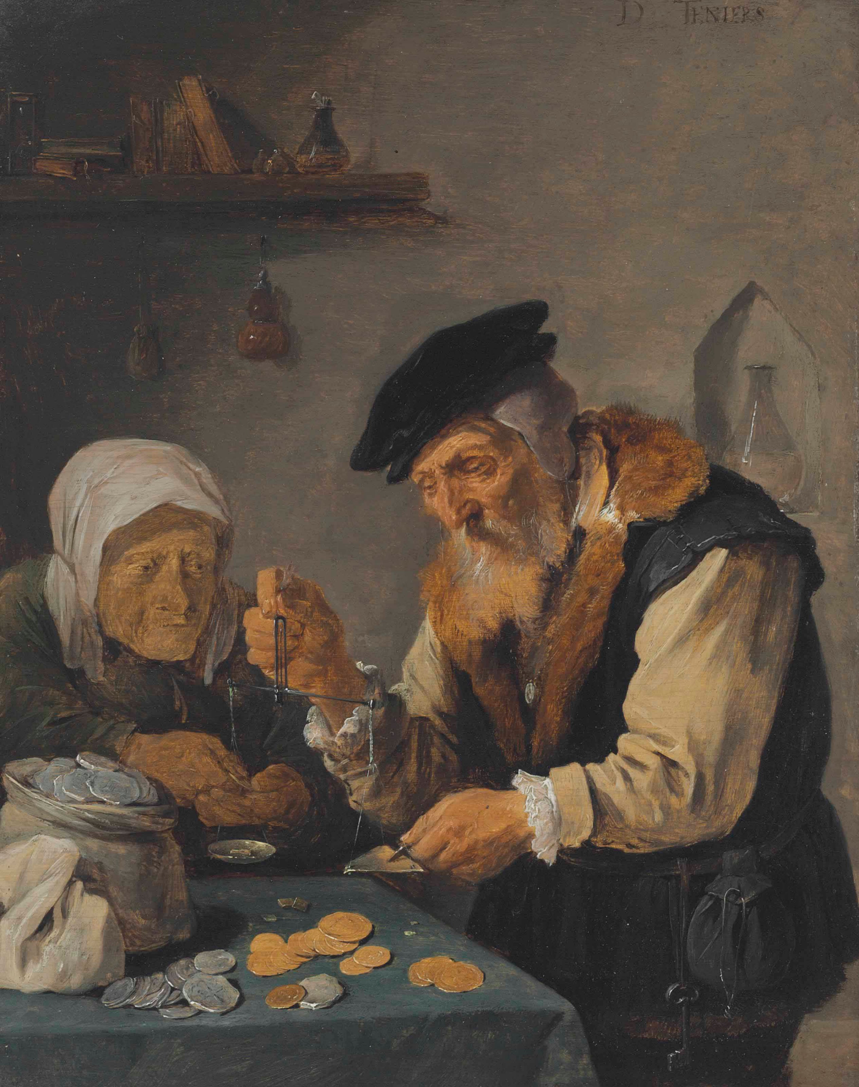Un vieil homme et une vieille femme pèsent des pièces de monnaie - David Teniers le Jeune
