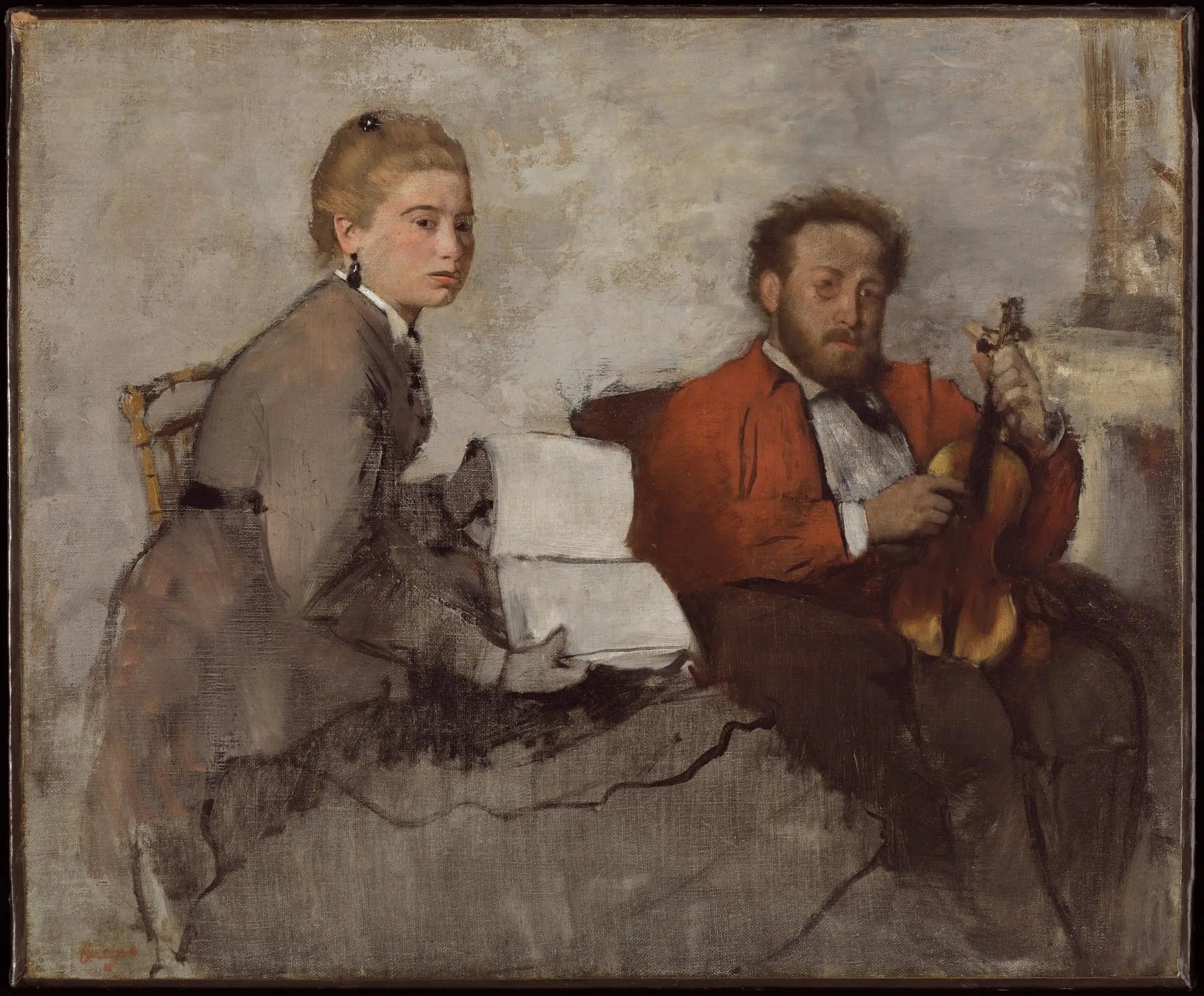 Reproduction du tableau « Violoniste et jeune femme tenant un cahier de musique) - Edgar Degas » par Alpha Reproduction en peinture à l’huile