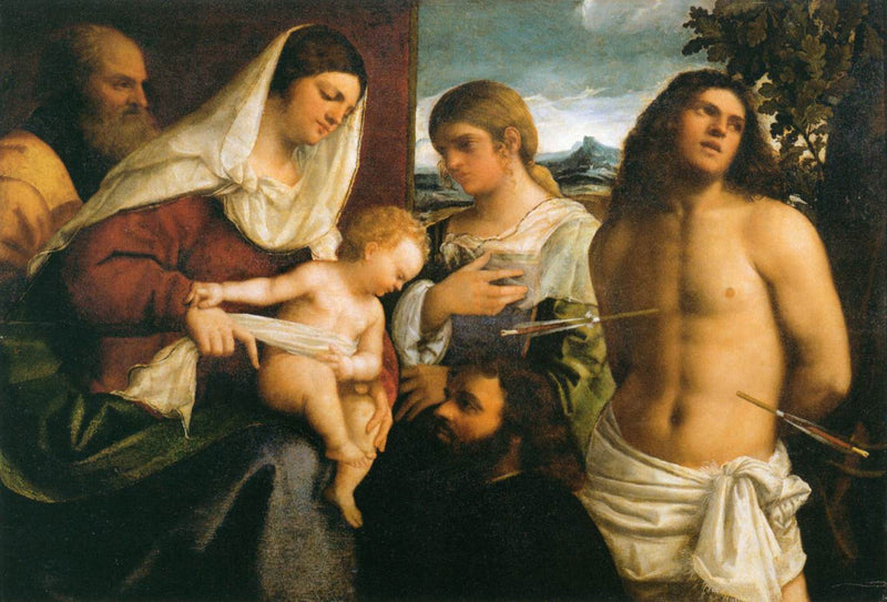 A Sagrada Família com Santa Catarina, Santo Sebastião e um doador - Sebastiano del Piombo