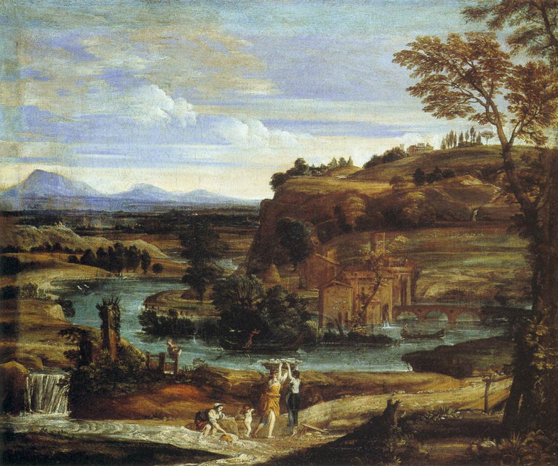 Paisagem com lavadoras de roupa e uma criança derramando vinho - Domenichino