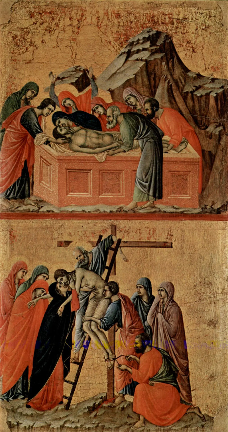 Enterro de Cristo (acima); Descida da Cruz (abaixo) - Duccio di Buoninsegna