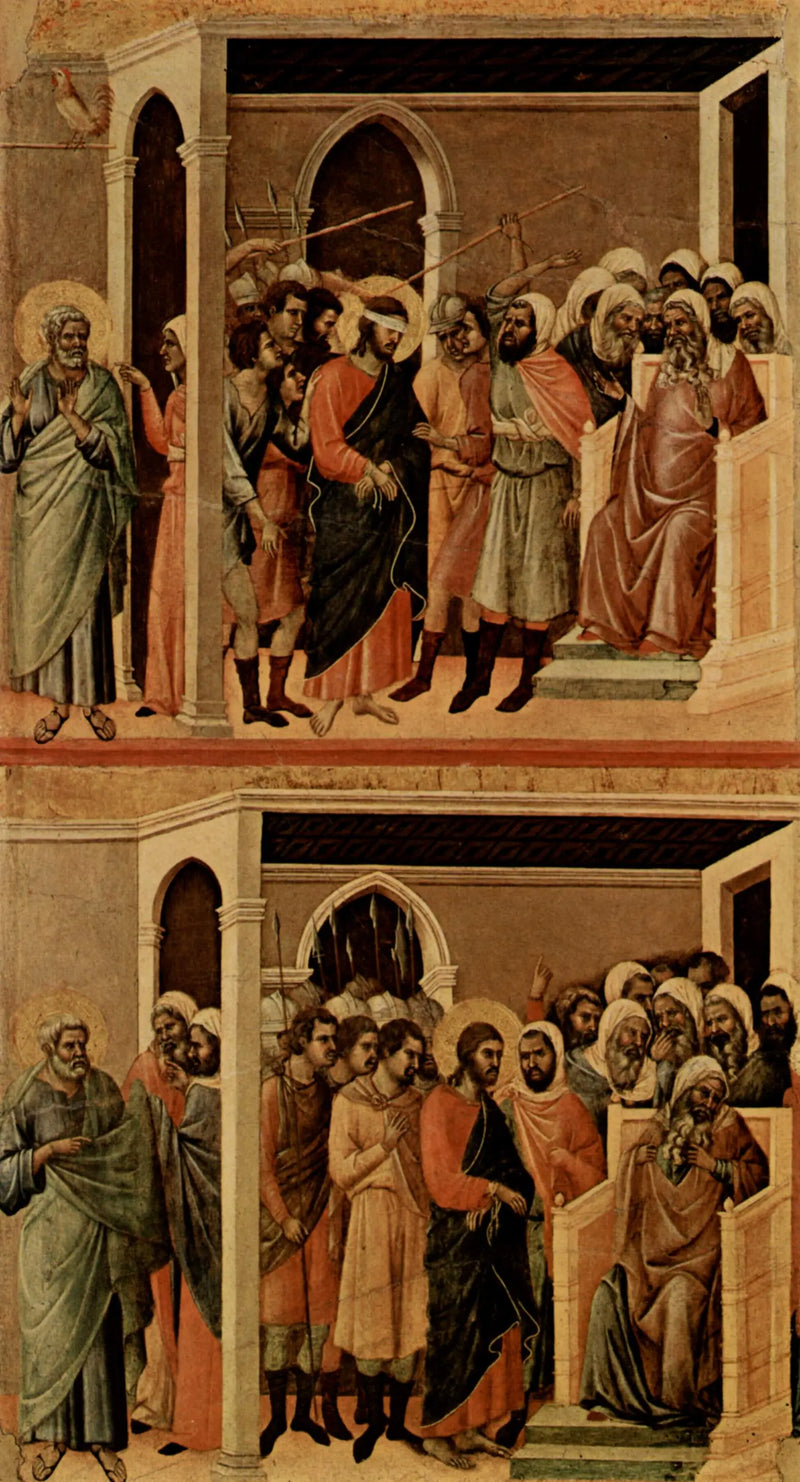 O Cristo zombado (acima); O Cristo diante de Caifás (abaixo) - Duccio di Buoninsegna