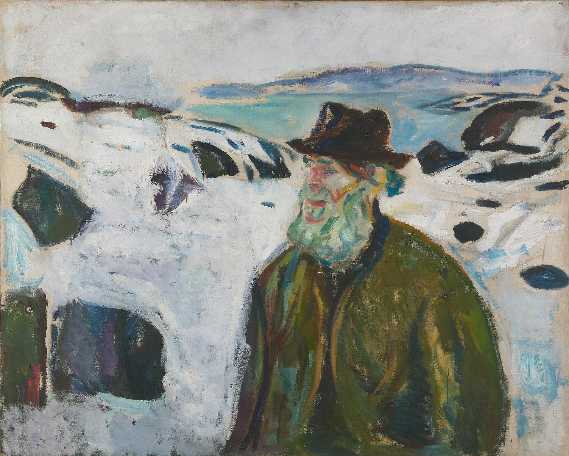 Reproduction du tableau « Vieux Pêcheur sur une côte couverte de neige - Edvard Munch » par Alpha Reproduction en peinture à l’huile