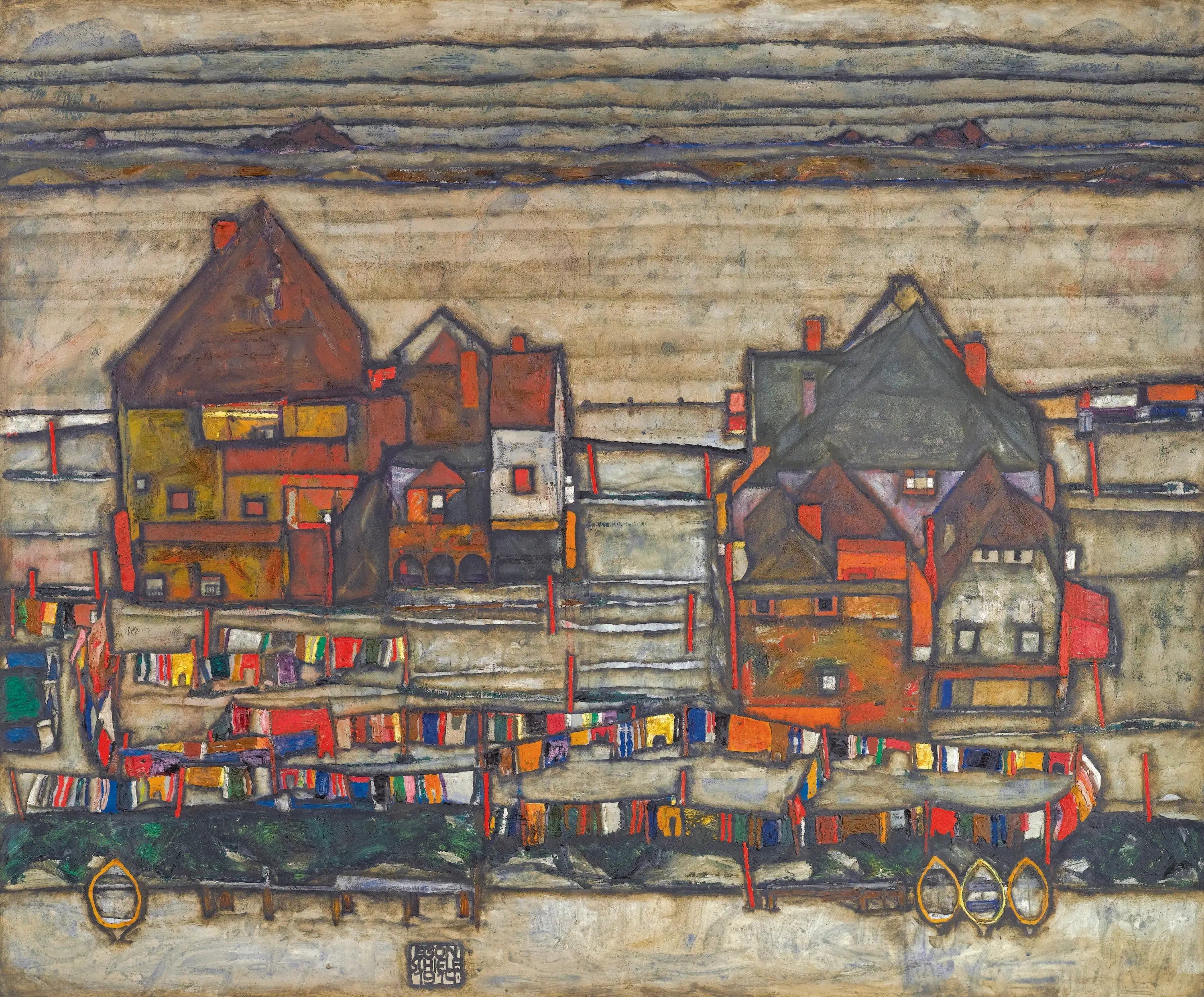Reproduction du tableau « Maisons avec linge coloré - Egon Schiele » par Alpha Reproduction en peinture à l’huile