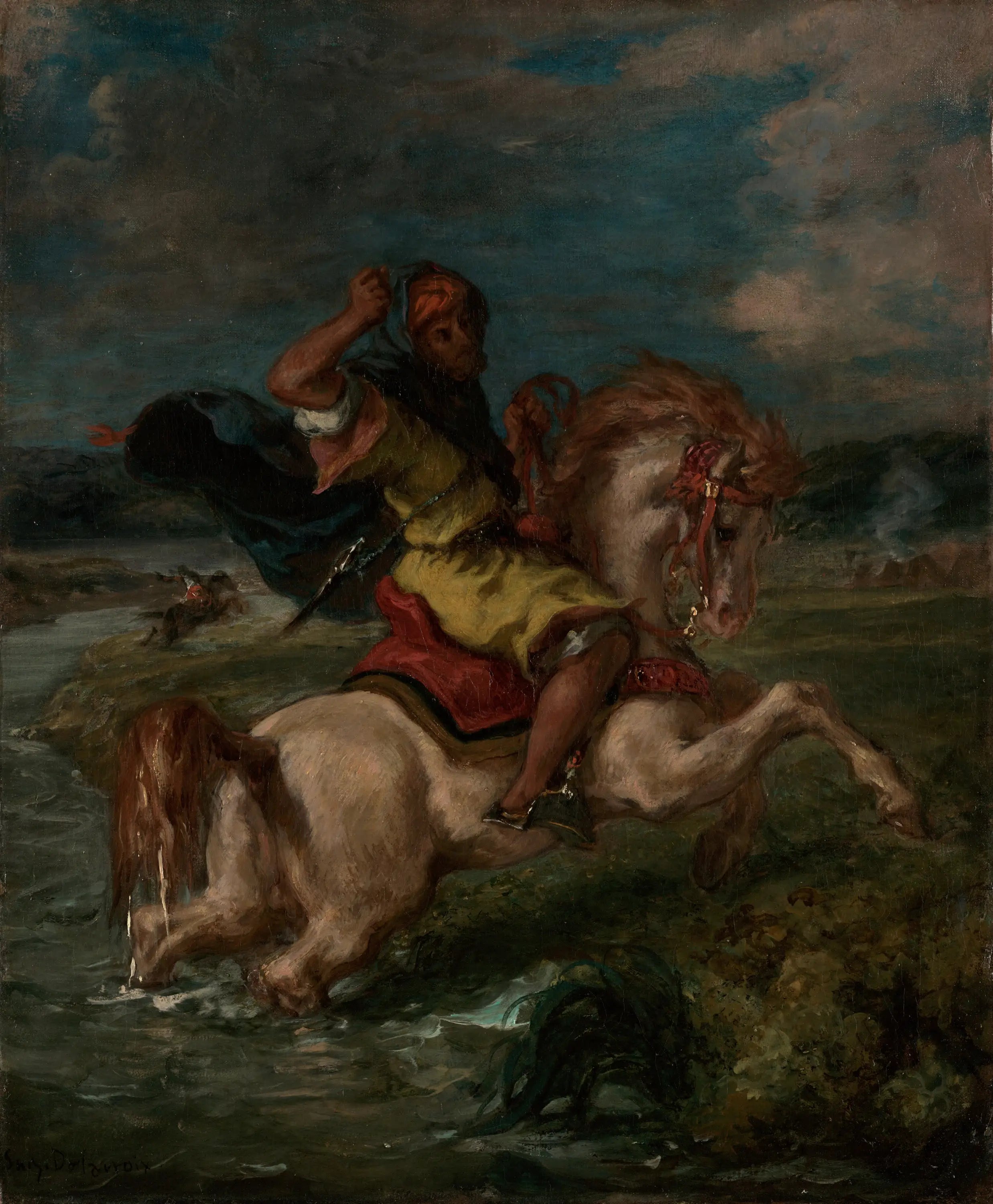 Reproduction du tableau « Cavalier marocain traversant un gué - Eugène Delacroix » par Alpha Reproduction en peinture à l’huile